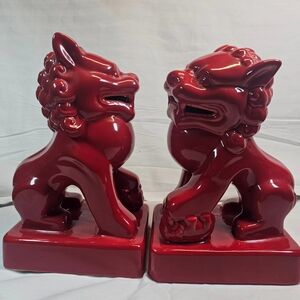 Two Feng Shui Chinese Red Porcelain Glazed Foo Dogs Prosperity Lions